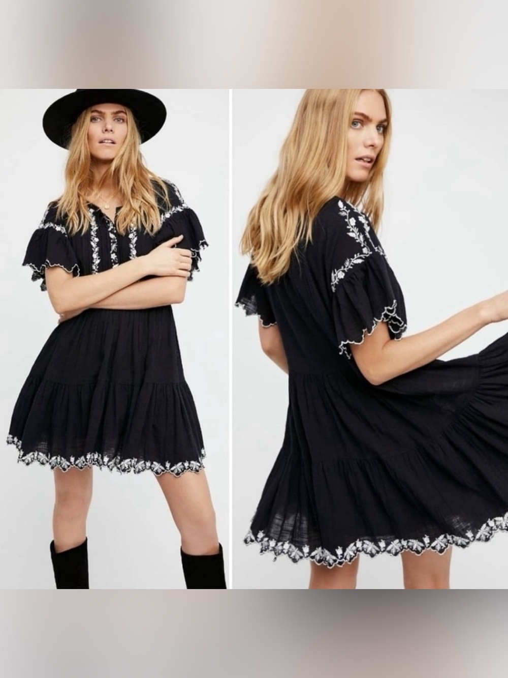 Free People  Black Santiago Floral Embroidered Cotton Mini Dress - Size Small